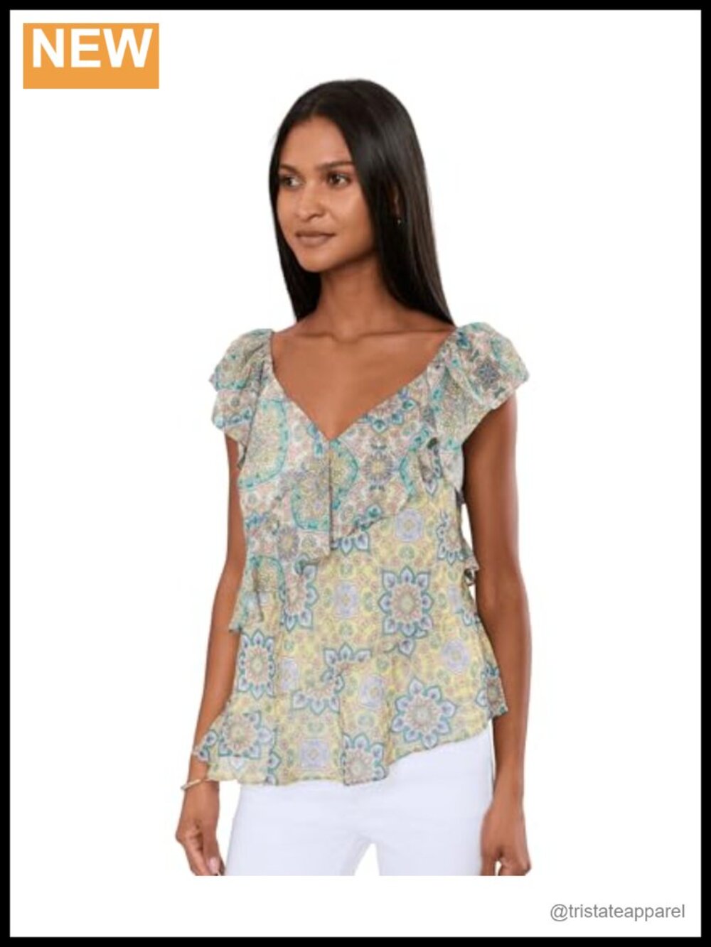 Flutter Sleeve Draped Woven Blouse 100% Polyester V-Neck